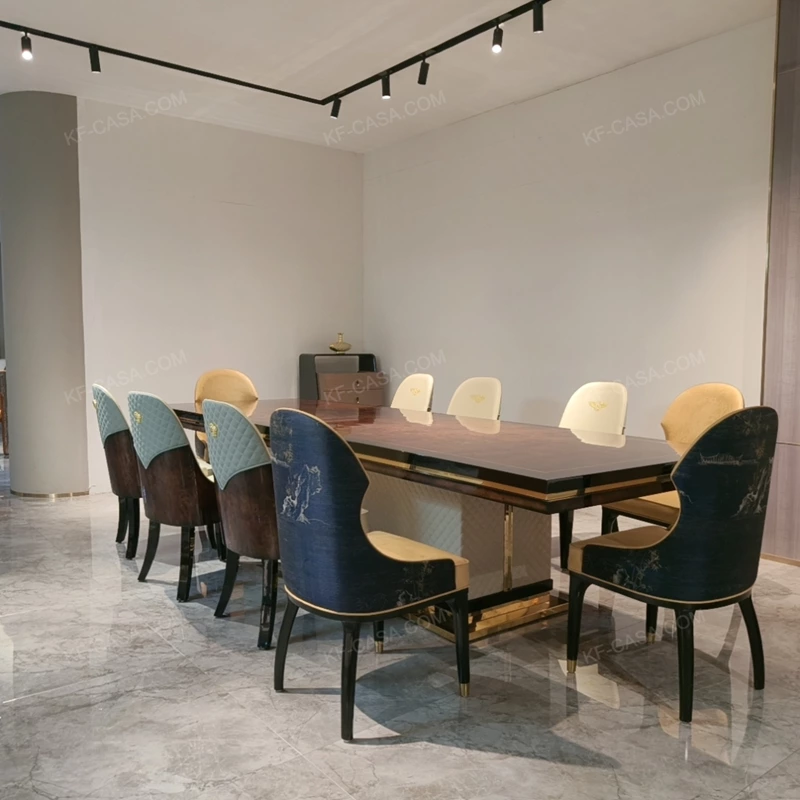 High-Gloss Amber Burl Wood Dining Table with Cream Quilted Leather Base and Metal Inlay